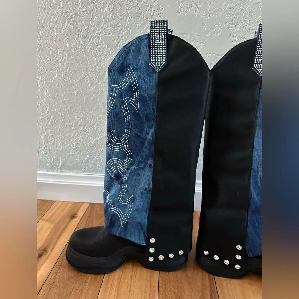 CAPE ROBBIN SUNGSU WESTERN DENIM/RHINESTONE PLATFORM BOOTS NIB